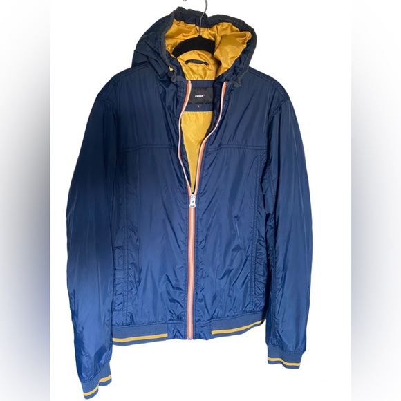 70s Vintage Men’s Jacket Navy Blue Nylon Spring Fall Coat 1970 Yellow Trim Hood - Picture 4 of 9